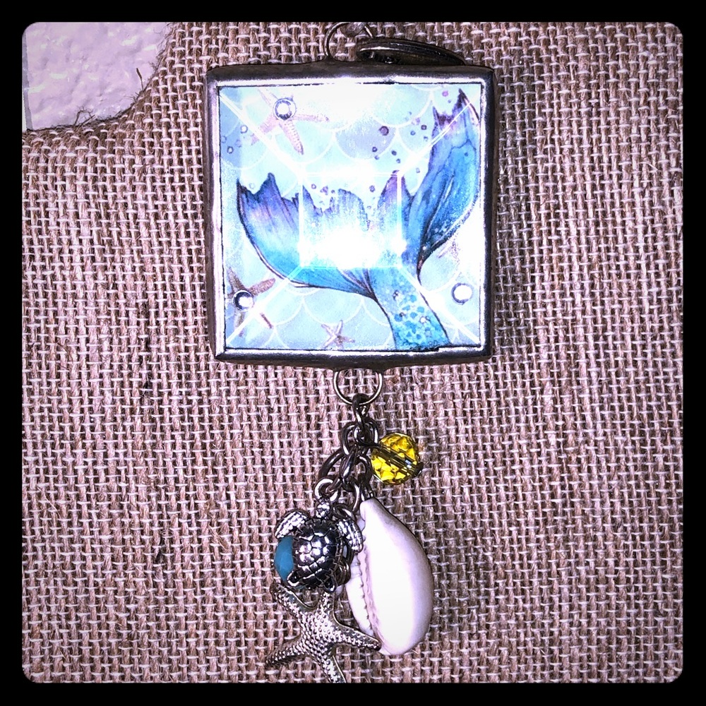 Mermaid hand-painted, hand-soldered glass pendant